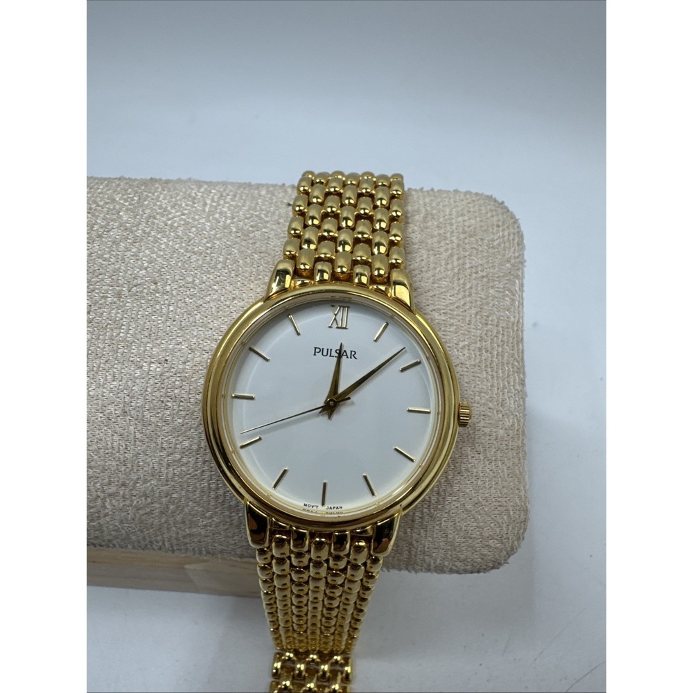 Vtg Pulsar Ladies 34mm Watch Gold Tone White Dial 7.5" v501-x085 - RUNS